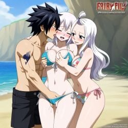 1boy 2girls ai_generated bikini black_hair fairy_tail gray_fullbuster lisanna_strauss long_hair mirajane_strauss short_hair sisters threesome throuple white_hair