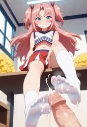 1boy 1femboy 1trap after_footjob ai_generated arikawa_hime blue_eyes blush crossdressing cum cum_in_feet cum_on_feet feet feet_focus foot_fetish foot_focus from_below front_view gay himegoto indoors legs pink_hair shiny_skin soles steam steamy_feet stepped_on