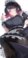 1girls black_hair black_panties blush breasts covering_crotch ellen_joe female large_breasts lollipop looking_at_viewer maid maid_uniform panties pink_eyes pink_hair see-through shark shark_girl shark_tail short_hair solo two_tone_hair upskirt zenless_zone_zero