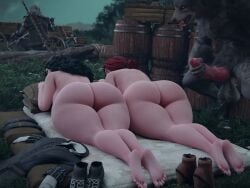 1boy 2girls 3d barefoot big_ass black_hair cum_on_body excessive_cum long_hair meis3d red_hair sleeping sword tagme the_witcher_(series) tied_hair triss_merigold video werewolf white_hair yennefer