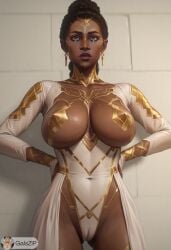 arcane arcane:_league_of_legends big_breasts black_body camel_toe cameltoe cleavage dark-skinned_female dark_skin earrings ebony galszip gold_(metal) gold_jewelry gold_tattoo green_eyes hd huge_breasts league_of_legends makeup mel_medarda nipple_bulge nipple_outline sexy_dress short_hair white_clothes white_clothing