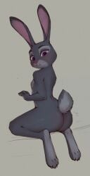 2022 anthro ass biped breasts digital_media_(artwork) digitigrade disney female fur grey_body grey_fur hi_res judy_hopps kneeling lagomorph leporid mammal nude oxfort2199 pink_nose purple_eyes rabbit rear_view shaded simple_background small_breasts solo zootopia