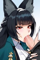 ai_generated animal_ears big_ass big_breasts black_hair blowjob blowjob_face blowjob_only hoshimi_miyabi looking_pleasured red_eyes zenless_zone_zero