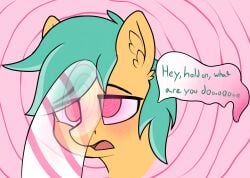 1boy @_@ blue_green_hair blush czu dialogue english_text fret_flow friendship_is_magic hi_res mind_control my_little_pony original_character pony text yellow_fur