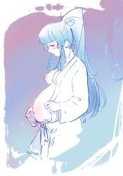 1girls big_belly blue_hair breasts genshin_impact kamisato_ayaka partially_clothed pregnancy pregnant pregnant_female sapphicbump solo solo_female undressing