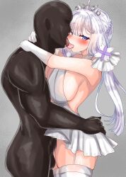 1boy 1girls azur_lane blue_eyes blush breasts censored dark-skinned_male dark_skin french_kiss huge_breasts huge_cock illustrious_(azur_lane) illustrious_(morning_star_of_love_and_hope)_(azur_lane) kissing light-skinned_female light_skin looking_at_viewer mosaic_censoring penis pillke_(pillke50) royal_navy_(azur_lane) tiara tongue tongue_out wedding_dress white_hair