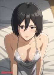 1girls ai_generated attack_on_titan bed black_hair breasts bubbleteexl cleavage dress female_focus female_only looking_at_viewer mikasa_ackerman shingeki_no_kyojin short_hair