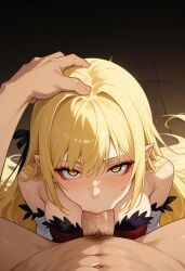 ai_generated bakemonogatari balls_deep big_dick blonde_female blonde_hair blonde_hair_female blowjob clothed clothed_female clothing deepthroat dick dress elbow_gloves eye_contact eyelashes full_body gloves hips kiss-shot kiss-shot_acerola-orion_heart-under-blade kissshot_acerolaorion_heartunderblade long_hair long_hair_female monogatari_(series) nisemonogatari oral oshino_shinobu penis pubes red_dress stockings stockings_thigh_highs strapless very_long_hair_female white_stockings