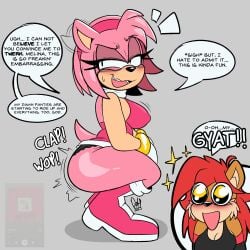 2025 2d 2girls amy_rose anthro ass ass_awe big_ass blush breasts clapping_ass clapping_cheeks cleavage clothed darkwolfhybrid dialogue digital_media embarrassed english_dialogue english_text female female_only furry furry_only glistening_body hi_res high_resolution highres melina_the_fox mobian_(species) nipple_bulge panties sega shaking_butt shiny_skin sideboob smile sonic_(series) sonic_the_hedgehog_(series) squatting text thighs twerking underwear wide-eyed yuri