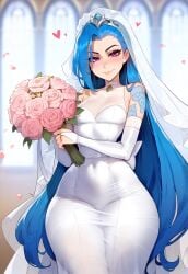 1girls ai_generated arcane blue_hair blush bouquet braid braided_hair breasts floox heart hips jinx_(league_of_legends) league_of_legends league_of_legends:_wild_rift light-skinned_female long_hair looking_at_viewer pink_eyes riot_games small_breasts smile solo tattoo thiccwithaq_(ai_style) thick_thighs thighs wedding wedding_dress wide_hips