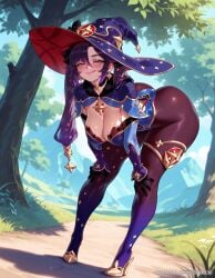 ai_generated alternate_breast_size ass balecxi bent_over black_gloves blue_headwear blush cleavage earrings female genshin_impact green_eyes hands_on_own_knees high_heels jewelry large_breasts leotard licking_lips long_hair looking_at_viewer mona_(genshin_impact) outdoors pantyhose patreon_username purple_hair solo thighs tongue tongue_out twintails web_address witch_hat