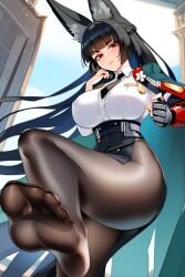 animal_ears black_hair feet feet_focus feet_up foot_fetish footwear fox_ears fox_girl hoshimi_miyabi legwear no_shoes pantyhose red_eyes stockings thighhighs zenless_zone_zero