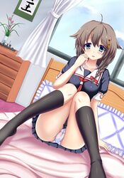 bed black_legwear blue_eyes braid breasts brown_hair cameltoe curtains female highres kantai_collection knees_together_feet_apart panties pantyshot pantyshot_(sitting) pillow school_uniform shigure_(kantai_collection) sitting sitting_on_bed socks tagme toid310 underwear wall_scroll white_panties window