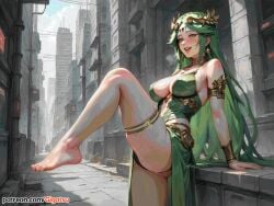 ai_generated barefoot blush cyberpunk feet foot_fetish foot_focus gigatsu green_hair kid_icarus looking_at_viewer nintendo palutena seductive seductive_look seductive_pose toes