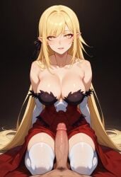 ai_generated bakemonogatari blonde blonde_female blonde_hair blonde_hair_female clothed clothed_female clothing dick dress echodantalian elbow_gloves eye_contact eyelashes full_body gloves kiss-shot_acerola-orion_heart-under-blade kissshot_acerolaorion_heartunderblade long_hair long_hair_female monogatari_(series) nisemonogatari oshino_shinobu penis red_dress stockings stockings_thigh_highs strapless very_long_hair_female white_stockings