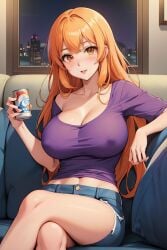 1girls ai_generated alcohol ane_wa_yanmama_junyuuchuu_in_jikka beer blush brown_eyes cane dh_lucky drink ginger_hair jean_shorts large_breasts long_hair milf on_couch orange_hair purple_shirt sano_aika sitting sitting_on_couch smile smiley_face solo