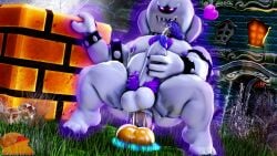 1boy 3d anal anthro balls big_penis block blue_tongue chest_hair collar cum cumshot dildo dildo_in_anus ejaculation erection feet gay genitals ghost grass heart humanoid_genitalia humanoid_penis king king_boo large_penis luigi's_mansion male male_nipples male_only mario_(series) moonwulf nintendo nipples outdoors penis pubic_hair purple_eyes riding_dildo royalty sharp_teeth solo solo_male tongue tongue_out white_body