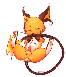 2012 after_sex anus ass balls biting_tail blush cum cum_inside cum_on_ass cum_on_penis embarrassed erection feral furry furry_only gaping gaping_anus legs_up lying male male_only nibbling nintendo on_back pawpads penis plain_background pokemon pokemon_(species) precum raichu shugowah solo spreading tears video_games white_background