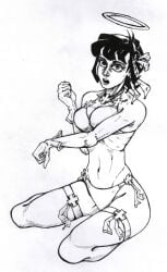 angel azazel_(helltaker) big_breasts black_and_white black_hair bow bra breasts gloves hairband halo helltaker neck_ribbon open_mouth panties panties_with_bow shocked shocked_eyes skinny stockings thick_thighs thighs white_bra white_gloves white_panties white_stockings