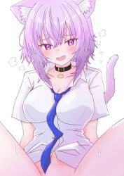 artist_request big_breasts bottomless cat_ears cat_tail collar female looking_at_viewer nekomata_okayu no_panties out_of_frame out_of_frame_censoring purple_eyes purple_hair shirt spread_legs steam steamy_breath sweat wet white_shirt