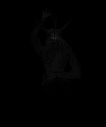 5:6 absurd_res ambiguous_gender anthro baphomet_(deity) breasts deity demon glowing glowing_eyes hair hand_above_head hell hi_res horn horror_(theme) long_ears long_hair looking_at_viewer m4n monochrome monster religion religious_symbols religious_themes satanic satanism smile smiling_at_viewer solo