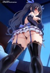 ai_generated ass ass_focus bare_shoulders black_hair bow detached_sleeves dress dripping garter_straps hair_between_eyes hands_on_own_hips hi_res highres legs_apart long_hair looking_at_viewer looking_back medium_breasts miniskirt neptunia_(series) noire primosan pussy_juice red_eyes round_ass smile standing stockings thighhighs twintails