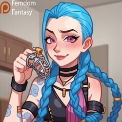 1girls ai_generated another cage chastity chastity_cage cocky device dominant domination dominatrix female femdom femdomfantasyai jinx_(league_of_legends) league_of_legends locked offering only slave smile solo to viewer