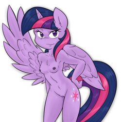 2014 alicorn ambris anthro anthrofied breasts casual equine feathers female friendship_is_magic fur hair hand_on_hip hi_res high_resolution highres horn horse looking_at_viewer mammal multicolored_hair my_little_pony nipples nude pony purple_eyes purple_fur pussy solo standing twilight_sparkle_(mlp) uncensored wings