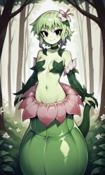 accurate_art_style ai_generated alraune bigmic145 breasts detached_sleeves female female_only flower flower_in_hair green_hair green_skin leaf leaf_clothing monster_girl navel netflix plant plant_girl plant_humanoid ramona_flowers scott_pilgrim scott_pilgrim_takes_off