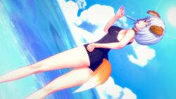 1girl animal_ears beach black_swimsuit clouds collar date_a_live dog_ears dog_tail dr.xidan17 large_breasts looking_at_viewer ocean one-piece_swimsuit popsicle short_hair sky smile solo summer tail tobiichi_origami white_hair