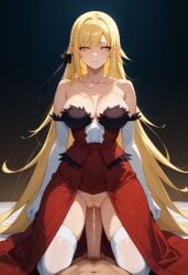 ai_generated bakemonogatari big_dick blonde_female blonde_hair blonde_hair_female clothed clothed_female clothing dick dress echodantalian elbow_gloves eye_contact eyelashes full_body gloves kiss-shot_acerola-orion_heart-under-blade kissshot_acerolaorion_heartunderblade long_hair long_hair_female monogatari_(series) nisemonogatari oshino_shinobu penetration penis pubes red_dress sex stockings stockings_thigh_highs strapless vagina vaginal_penetration vaginal_sex very_long_hair_female white_stockings