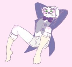 belly_button biting_lip blush bow_tie cuphead_(game) green_eyes king_dice knees_bent male male_only moustache sock_garters socks solo_male spread_legs suit