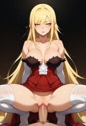 bakemonogatari big_dick blonde_female blonde_hair blonde_hair_female clothed clothed_female clothing dick dress elbow_gloves eye_contact eyelashes full_body gloves kiss-shot kiss-shot_acerola-orion_heart-under-blade kissshot_acerolaorion_heartunderblade long_hair long_hair_female monogatari_(series) nisemonogatari oshino_shinobu penetration penis pubes red_dress sex stockings stockings_thigh_highs strapless vagina vaginal_penetration vaginal_sex very_long_hair_female white_stockings