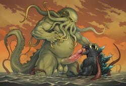 ai_generated cthulhu cthulhu_mythos fellatio godzilla green_body hand_on_head head_grab looking_down lovecraft male scalie size_difference tentacle water