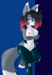 2016 angelina_marie anthro big_breasts black_hair black_nose blue_eyes bottomless breasts canid canine canis clothed clothing crossed_arms female fur genitals glistening grey_body grey_fur hair hi_res highlights_(coloring) jacket latex legwear long_hair looking_up mammal neronova nipples pussy red_highlights simple_background solo stockings topwear white_body white_fur wolf