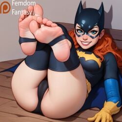 1girls ai_generated batgirl dc_comics domination dominatrix face feet femdom femdomfantasyai foot_focus footjob footwear pov smug solo up