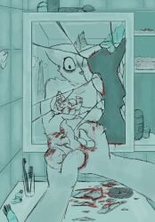 alexleviafan anthro bathroom blood bodily_fluids broken_mirror digital_media_(artwork) felid female first_person_view fur gore looking_at_hand mammal mirror monochrome reflection scared solo tomato_(alexleviafan)