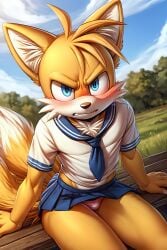 ai_generated angry anthro femboy fox frosting.ai male school_uniform sega solo_male sonic_(series) sonic_the_hedgehog_(series) tails tails_the_fox