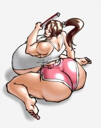 brown_hair dolphin_shorts full_body gigantic_breasts huge_ass king_of_fighters mai_shiranui negoto_(nego6) ponytail red_toenails shorts street_fighter street_fighter_6 tank_top thick_thighs white_tank_top