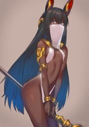 1girls animal_ears armlet cleavage dark-skinned_female egyptian_clothes egyptian_female female female_only hamushima jewelry mouth_veil revealing_clothes slim_waist small_breasts solo solo_focus staff staff_between_legs veil very_long_hair