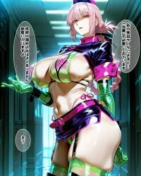 ai_generated braid braided_ponytail cleavage fate/grand_order fate_(series) female florence_nightingale_(fate) florence_nightingale_(trick_or_treatment)_(fate) green_bikini green_gloves hat huge_breasts long_hair official_alternate_costume pink_hair pregnant red_eyes shrug_(clothing) skirt solo swimsuit thighs