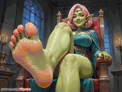 ai_generated barefoot feet female_domination foot_fetish foot_focus gigatsu goblin goblin_female green_skin looking_at_viewer pink_hair sitting sole_female soles toes