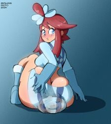 1girls anus anus_visible_through_clothes ass ass ass_bigger_than_head ass_cleavage asshole big_ass big_butt blue_background blue_eyes blush butt_crack game_freak grabbing_own_ass looking_at_viewer looking_back looking_back_at_viewer nintendo pokemon pokemon_bw pooping_on_self protorepulsive rear_view red_hair repulsiveproto scat scat shit shit shitting shitting_self sitting skyla_(pokemon) smile soiling soiling_clothing solo_female thick_thighs viewed_from_behind