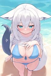 beach big_breasts bikini blue_eyes blush clothes_lift deaver female fox_ears fox_tail hololive hololive_gamers hololive_gen_1 hololive_japan lifted_by_self looking_at_viewer panty_pull pulling_panties shirakami_fubuki shirt shirt_lift t-shirt virtual_youtuber vtuber water wet wet_clothing wet_shirt white_shirt