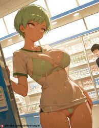 1boy ai_generated bra bra_visible_through_clothes breasts cameltoe cheelai convenience_store dragon_ball dragon_ball_super female green_bra green_hair green_panties large_breasts navel panties partially_visible_vulva rolling_eyes