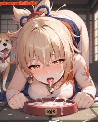 1girls ai_generated all_fours artifical_art blonde_female blonde_hair cum_on_body cum_on_face dripping_cum dripping_semen genshin_impact girl hair_ornament licking_cum licking_semen medium_hair open_mouth orange_eyes perfect_body red_choker semen_on_body semen_on_face tongue_out yoimiya_(genshin_impact)