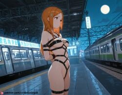 ai_generated beautfiul_background bondage disdain flat_chest full_moon glowing_neon_lights inoue_orihime stunning_backgroud thigh_sex train_station