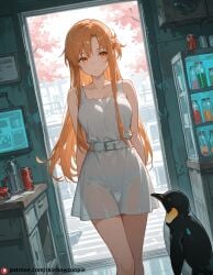 ai_generated asuna_(sao) beautfiul_background cherry_blossoms drunk laboratory large_breasts leg_raise penguin soda_can stunning_backgroud