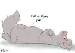 african_wild_dog animal_genitalia animal_penis belly big_belly canid canine canine_genitalia canine_penis claws ear_piercing english_text feral fur genitals hi_res loudly_(character) male mammal penis penis_tip piercing pregnant pregnant_feral pregnant_male sheath skyvo solo tail text