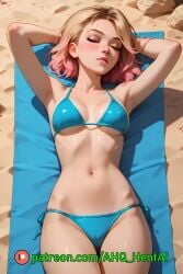 1girls ahq_hentai ai_generated beach bikini blonde_hair blush breasts cute gwen_stacy gwen_stacy_(spider-verse) medium_breasts patreon perfect_body sleeping spider-man_(series) spider-verse stable_diffusion wet